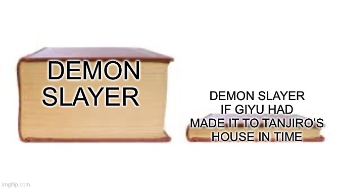 I mean, it’s true | DEMON SLAYER; DEMON SLAYER IF GIYU HAD MADE IT TO TANJIRO’S HOUSE IN TIME | image tagged in big book small book | made w/ Imgflip meme maker