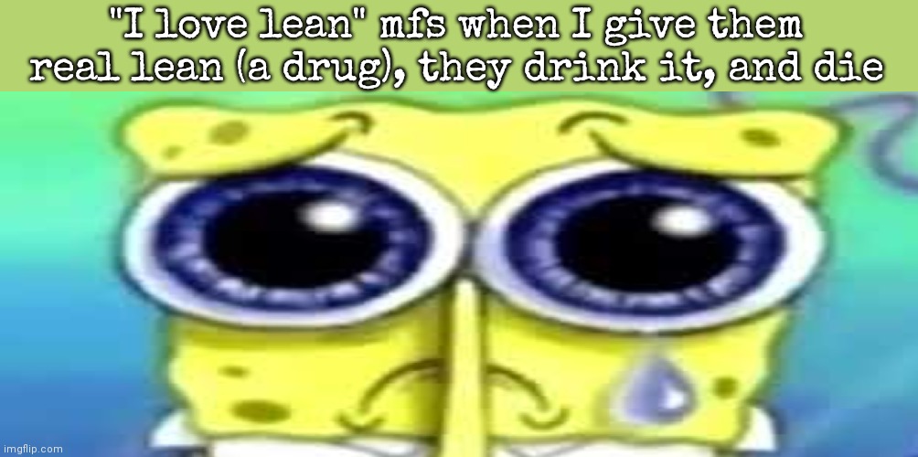 Sad Spong | "I love lean" mfs when I give them real lean (a drug), they drink it, and die | image tagged in sad spong | made w/ Imgflip meme maker