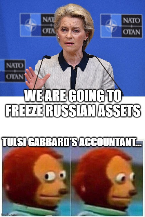 WE ARE GOING TO FREEZE RUSSIAN ASSETS; TULSI GABBARD'S ACCOUNTANT... | image tagged in memes,monkey puppet | made w/ Imgflip meme maker