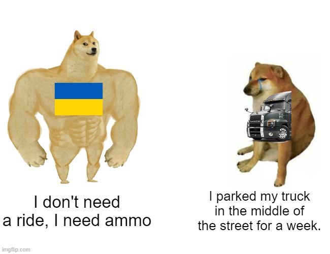 Buff Doge vs. Cheems Meme | I don't need a ride, I need ammo; I parked my truck in the middle of the street for a week. | image tagged in memes,buff doge vs cheems | made w/ Imgflip meme maker