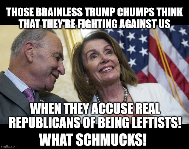 Laughing Democrats | THOSE BRAINLESS TRUMP CHUMPS THINK
THAT THEY'RE FIGHTING AGAINST US; WHEN THEY ACCUSE REAL
REPUBLICANS OF BEING LEFTISTS! WHAT SCHMUCKS! | image tagged in laughing democrats | made w/ Imgflip meme maker