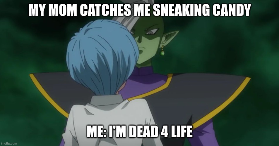 Zamasu and Bulma | MY MOM CATCHES ME SNEAKING CANDY; ME: I'M DEAD 4 LIFE | image tagged in zamasu and bulma | made w/ Imgflip meme maker