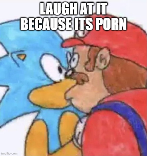 sonic and mario kissing | LAUGH AT IT BECAUSE ITS PORN | image tagged in sonic and mario kissing | made w/ Imgflip meme maker