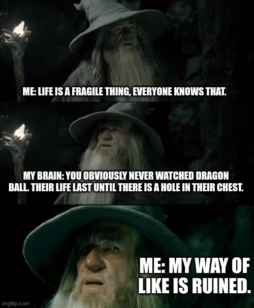 Confused Gandalf Meme | ME: LIFE IS A FRAGILE THING, EVERYONE KNOWS THAT. MY BRAIN: YOU OBVIOUSLY NEVER WATCHED DRAGON BALL. THEIR LIFE LAST UNTIL THERE IS A HOLE IN THEIR CHEST. ME: MY WAY OF LIKE IS RUINED. | image tagged in memes,confused gandalf | made w/ Imgflip meme maker