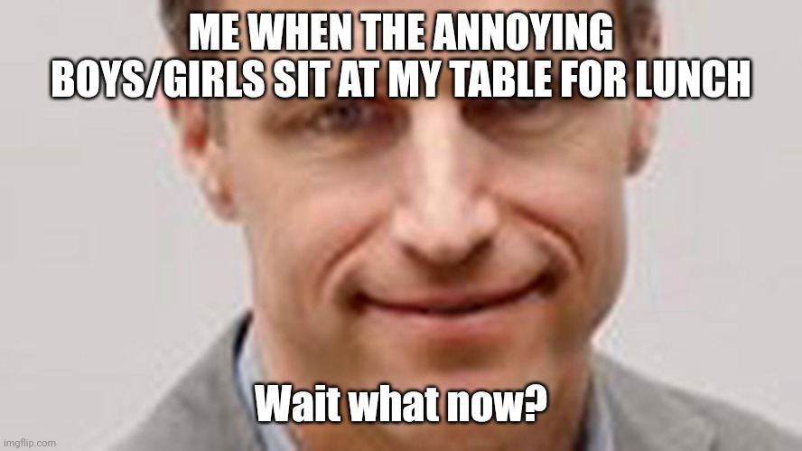 Help me- | ME WHEN THE ANNOYING BOYS/GIRLS SIT AT MY TABLE FOR LUNCH; Wait what now? | image tagged in wait what now | made w/ Imgflip meme maker