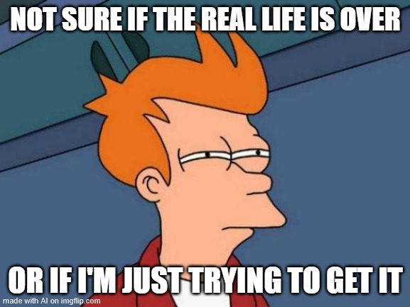 Futurama Fry | NOT SURE IF THE REAL LIFE IS OVER; OR IF I'M JUST TRYING TO GET IT | image tagged in memes,futurama fry | made w/ Imgflip meme maker