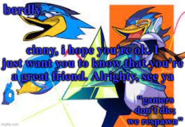 Stay safe | cinny, i hope you're ok. I just want you to know that you're a great friend. Alrighty, see ya | image tagged in berdly's gamer temp | made w/ Imgflip meme maker