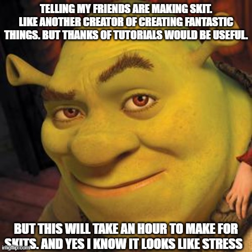 skits = stress | TELLING MY FRIENDS ARE MAKING SKIT. LIKE ANOTHER CREATOR OF CREATING FANTASTIC THINGS. BUT THANKS OF TUTORIALS WOULD BE USEFUL. BUT THIS WILL TAKE AN HOUR TO MAKE FOR SKITS. AND YES I KNOW IT LOOKS LIKE STRESS | image tagged in shrek sexy face,memes,so true memes,stressed out,meme man | made w/ Imgflip meme maker