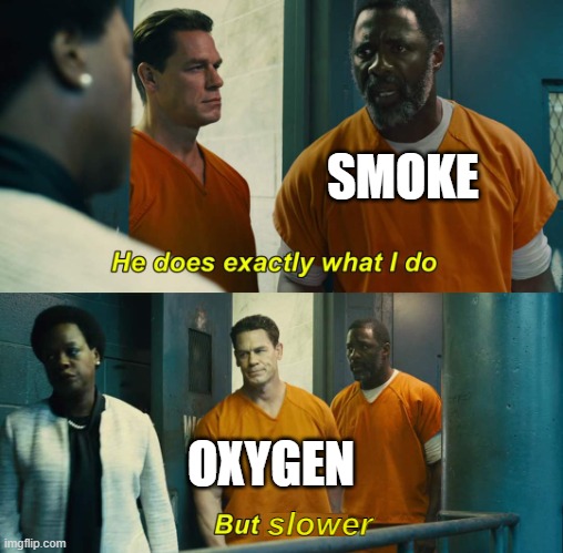 Slow title | SMOKE; OXYGEN; slower | image tagged in he does exactly what i do but better,memes,funny | made w/ Imgflip meme maker