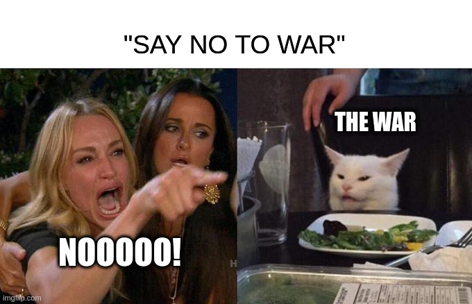 Say no to war! | "SAY NO TO WAR"; THE WAR; NOOOOO! | image tagged in memes,woman yelling at cat | made w/ Imgflip meme maker