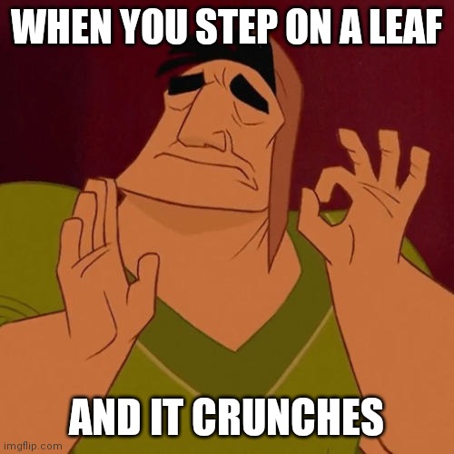 It is very satisfying | WHEN YOU STEP ON A LEAF; AND IT CRUNCHES | image tagged in when x just right | made w/ Imgflip meme maker