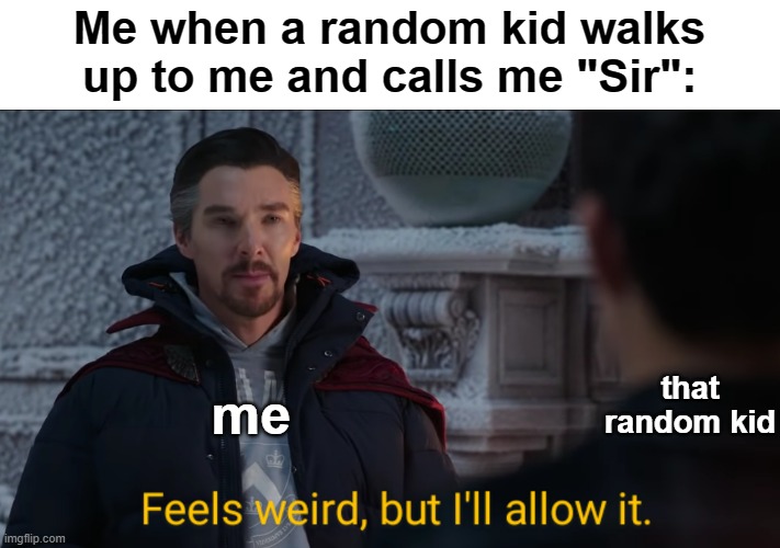 true | Me when a random kid walks up to me and calls me "Sir":; that random kid; me | image tagged in feels weird but i'll allow it | made w/ Imgflip meme maker