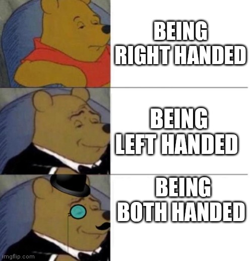 Its called ambidextrous I think | BEING RIGHT HANDED; BEING LEFT HANDED; BEING BOTH HANDED | image tagged in tuxedo winnie the pooh 3 panel | made w/ Imgflip meme maker