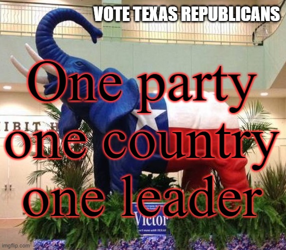Vote Texas Republican - single party state | VOTE TEXAS REPUBLICANS; One party

one country

one leader | image tagged in single party,republican,trump,authoritarianism,election,democratic | made w/ Imgflip meme maker