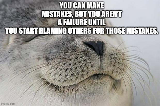 Satisfied Seal | YOU CAN MAKE MISTAKES, BUT YOU AREN’T A FAILURE UNTIL YOU START BLAMING OTHERS FOR THOSE MISTAKES. | image tagged in memes,satisfied seal | made w/ Imgflip meme maker