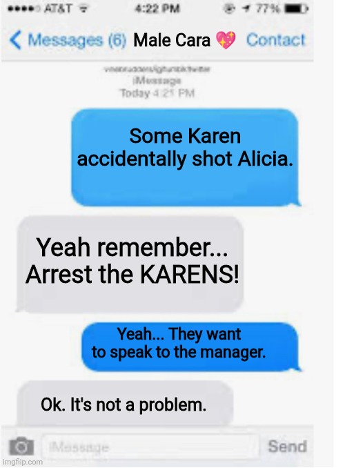 Yeah remember... Arrest the KARENS! | Male Cara 💖; Some Karen accidentally shot Alicia. Yeah remember... Arrest the KARENS! Yeah... They want to speak to the manager. Ok. It's not a problem. | image tagged in blank text conversation,pop up school,memes,karen,police | made w/ Imgflip meme maker