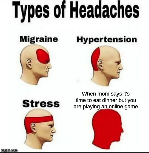 Types of Headaches meme | When mom says it's time to eat dinner but you are playing an online game | image tagged in types of headaches meme,online gaming,charts | made w/ Imgflip meme maker