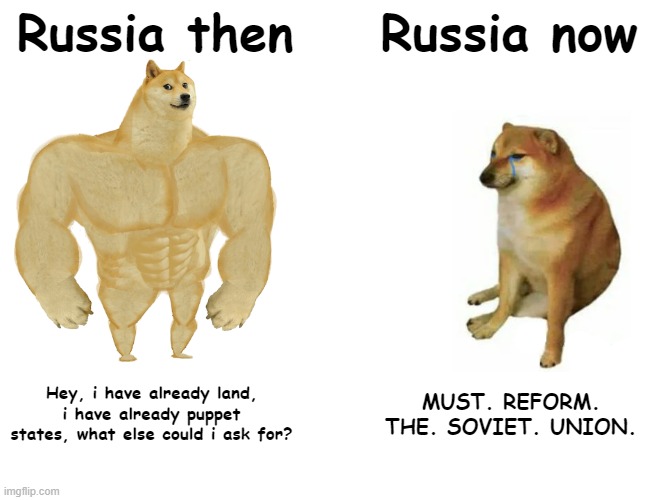 I made this meme because attacking Ukraine is like trying to reform the USSR. #prayforukraine | Russia then; Russia now; Hey, i have already land, i have already puppet states, what else could i ask for? MUST. REFORM. THE. SOVIET. UNION. | image tagged in memes,buff doge vs cheems | made w/ Imgflip meme maker