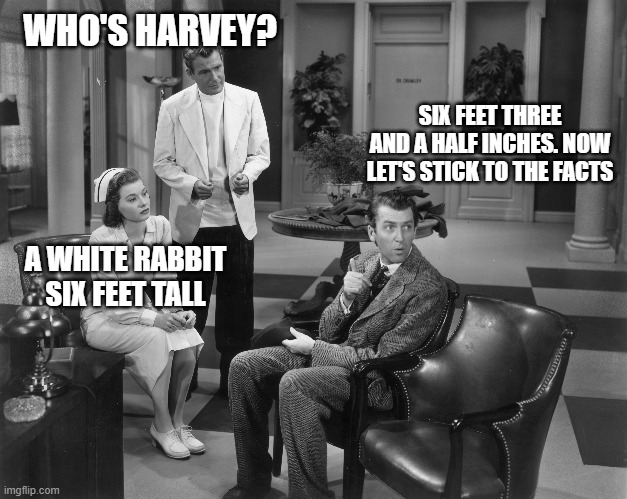 WHO'S HARVEY? A WHITE RABBIT SIX FEET TALL SIX FEET THREE AND A HALF INCHES. NOW LET'S STICK TO THE FACTS | made w/ Imgflip meme maker