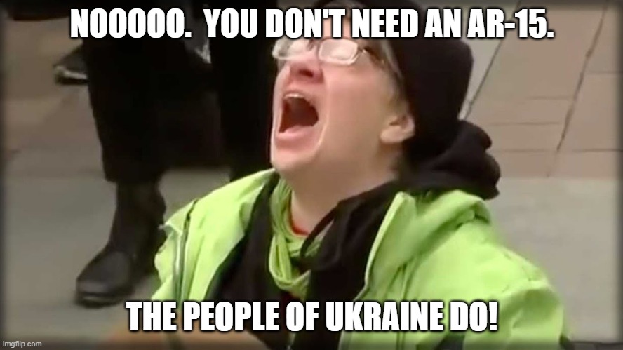 Follow Occupy Democrats on Twitter. | NOOOOO.  YOU DON'T NEED AN AR-15. THE PEOPLE OF UKRAINE DO! | image tagged in trump sjw no,democrats,nra,ar-15 | made w/ Imgflip meme maker