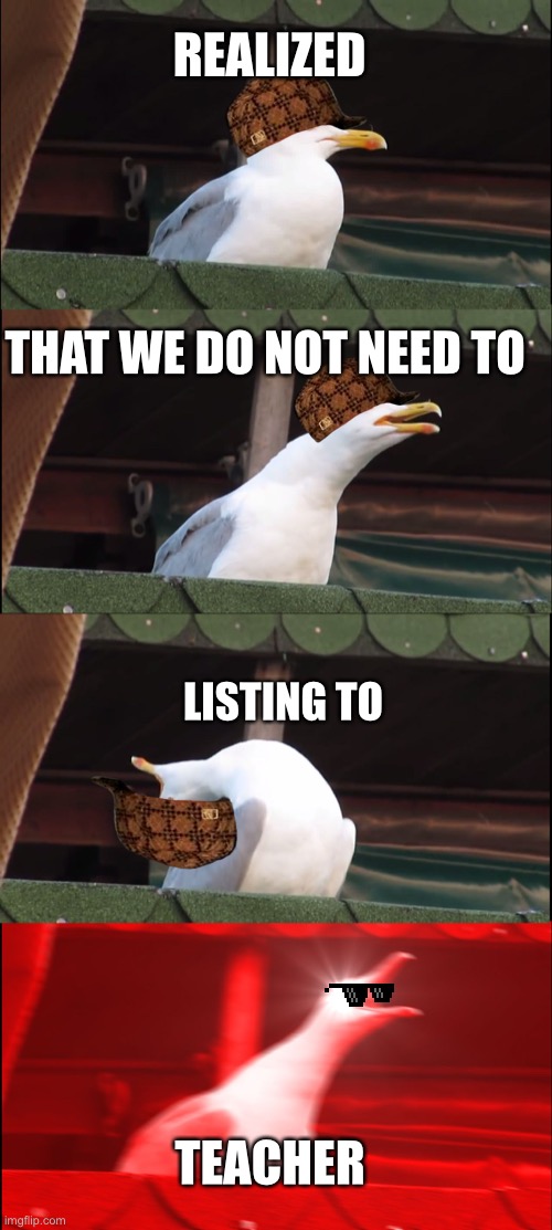 Inhaling Seagull Meme | REALIZED; THAT WE DO NOT NEED TO; LISTING TO; TEACHER | image tagged in memes,inhaling seagull | made w/ Imgflip meme maker