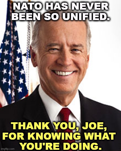 A president who understands foreign affairs. | NATO HAS NEVER BEEN SO UNIFIED. THANK YOU, JOE, 
FOR KNOWING WHAT 
YOU'RE DOING. | image tagged in memes,joe biden,great,president,trump,incompetence | made w/ Imgflip meme maker