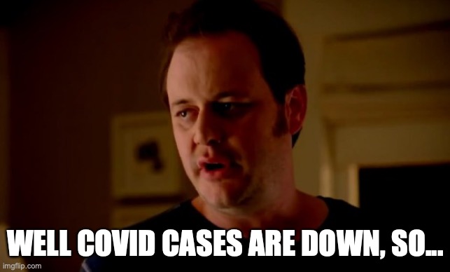 Jake from state farm | WELL COVID CASES ARE DOWN, SO... | image tagged in jake from state farm | made w/ Imgflip meme maker