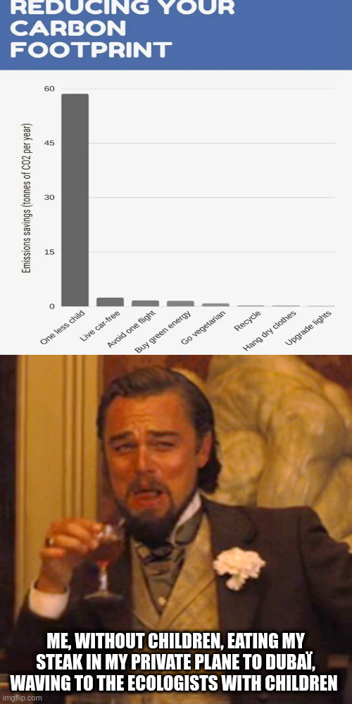 ecologist in spite of myself | ME, WITHOUT CHILDREN, EATING MY STEAK IN MY PRIVATE PLANE TO DUBAÏ, WAVING TO THE ECOLOGISTS WITH CHILDREN | image tagged in memes,laughing leo | made w/ Imgflip meme maker