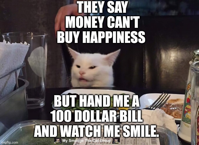  THEY SAY MONEY CAN'T BUY HAPPINESS; BUT HAND ME A 100 DOLLAR BILL AND WATCH ME SMILE. | image tagged in smudge the cat | made w/ Imgflip meme maker