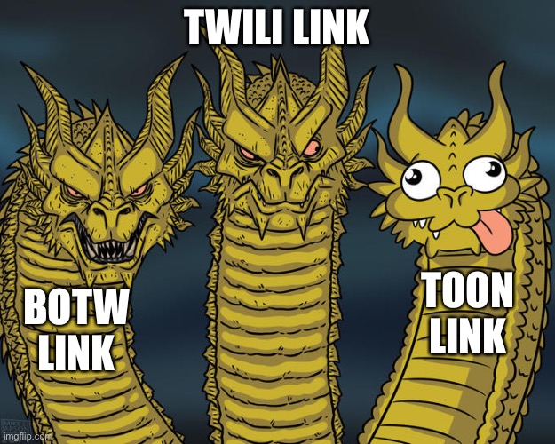 Three-headed Dragon | TWILI LINK; TOON LINK; BOTW LINK | image tagged in three-headed dragon | made w/ Imgflip meme maker