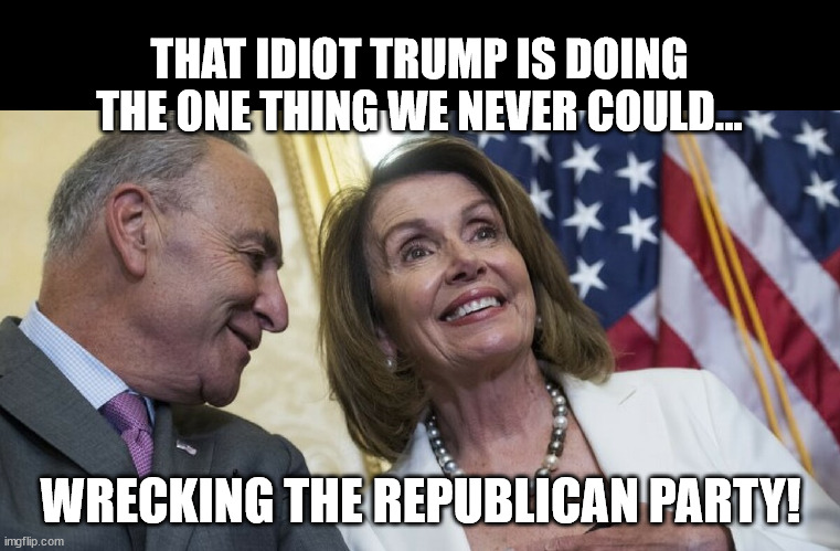 Laughing Democrats | THAT IDIOT TRUMP IS DOING THE ONE THING WE NEVER COULD... WRECKING THE REPUBLICAN PARTY! | image tagged in laughing democrats | made w/ Imgflip meme maker
