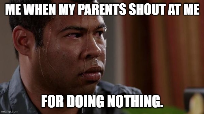 Reason #3: Harassment. Offensive Item: Yes. | ME WHEN MY PARENTS SHOUT AT ME; FOR DOING NOTHING. | image tagged in sweating bullets | made w/ Imgflip meme maker