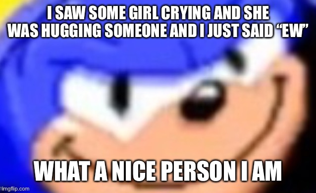 Sonic smile | I SAW SOME GIRL CRYING AND SHE WAS HUGGING SOMEONE AND I JUST SAID “EW”; WHAT A NICE PERSON I AM | image tagged in sonic smile | made w/ Imgflip meme maker