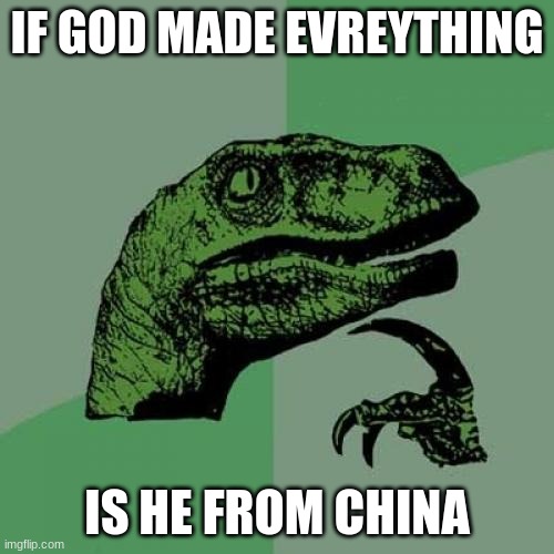 idk | IF GOD MADE EVREYTHING; IS HE FROM CHINA | image tagged in memes,philosoraptor | made w/ Imgflip meme maker