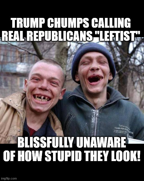No teeth | TRUMP CHUMPS CALLING REAL REPUBLICANS "LEFTIST"; BLISSFULLY UNAWARE OF HOW STUPID THEY LOOK! | image tagged in no teeth | made w/ Imgflip meme maker