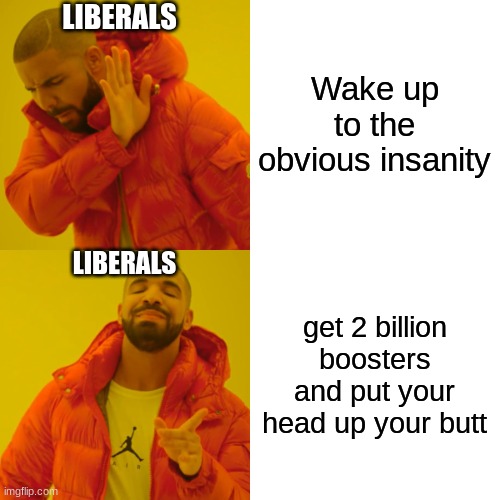 Drake Hotline Bling Meme | Wake up to the obvious insanity get 2 billion boosters and put your head up your butt LIBERALS LIBERALS | image tagged in memes,drake hotline bling | made w/ Imgflip meme maker