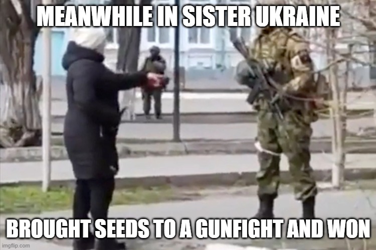 Meanwhile in Sister Ukraine | MEANWHILE IN SISTER UKRAINE; BROUGHT SEEDS TO A GUNFIGHT AND WON | image tagged in memes | made w/ Imgflip meme maker