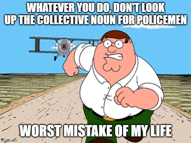 Collective nour for policemen | WHATEVER YOU DO, DON'T LOOK UP THE COLLECTIVE NOUN FOR POLICEMEN; WORST MISTAKE OF MY LIFE | image tagged in peter griffin running away,seriously | made w/ Imgflip meme maker