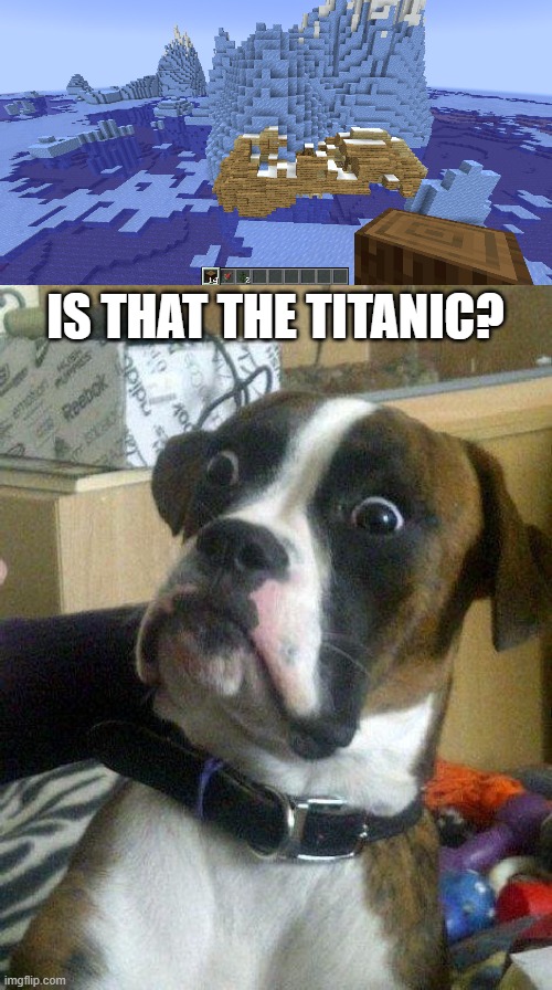 ayo titanic in minecraft |  IS THAT THE TITANIC? | image tagged in surprised dog,titanic,minecraft,rare,barney will eat all of your delectable biscuits,oh wow are you actually reading these tags | made w/ Imgflip meme maker