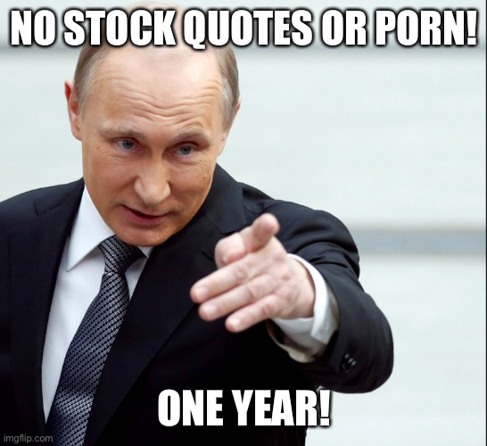 Vladimir Putin Pointing | NO STOCK QUOTES OR PORN! ONE YEAR! | image tagged in vladimir putin pointing | made w/ Imgflip meme maker