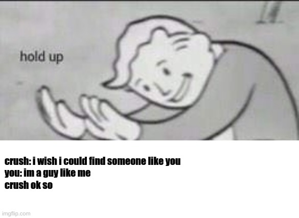 Fallout Hold Up | crush: i wish i could find someone like you
you: im a guy like me
crush ok so | image tagged in fallout hold up | made w/ Imgflip meme maker