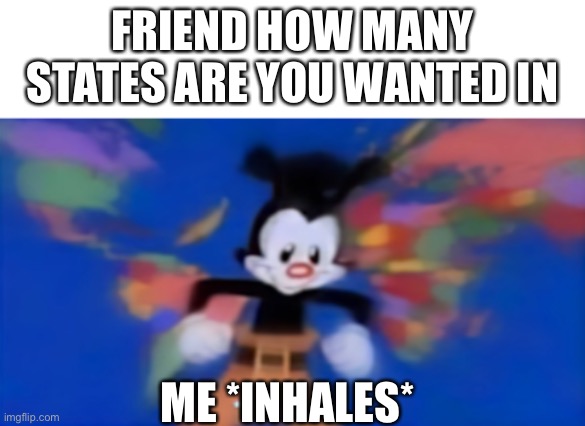 Yakko inhale | FRIEND HOW MANY STATES ARE YOU WANTED IN; ME *INHALES* | image tagged in yakko inhale | made w/ Imgflip meme maker