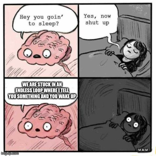 Hey you going to sleep? | WE ARE STUCK IN AN ENDLESS LOOP WHERE I TELL YOU SOMETHING AND YOU WAKE UP; M.M.M | image tagged in hey you going to sleep | made w/ Imgflip meme maker
