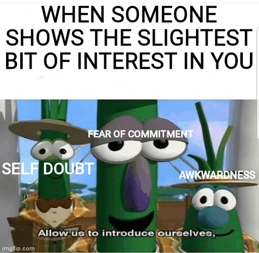 Allow us to introduce ourselves | WHEN SOMEONE SHOWS THE SLIGHTEST BIT OF INTEREST IN YOU; FEAR OF COMMITMENT; SELF DOUBT; AWKWARDNESS | image tagged in stop reading the tags,oh wow are you actually reading these tags,funny,memes,gifs,not really a gif | made w/ Imgflip meme maker
