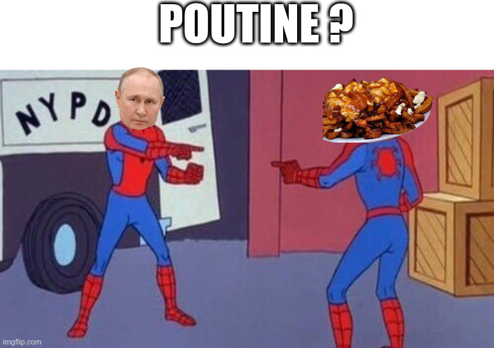 quebecers food <3 | POUTINE ? | image tagged in spiderman pointing at spiderman,memes,food | made w/ Imgflip meme maker