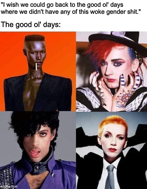 The Good ol' Days | "I wish we could go back to the good ol' days where we didn't have any of this woke gender shit."; The good ol' days: | image tagged in woke,non binary,pronouns,prince,gender identity | made w/ Imgflip meme maker