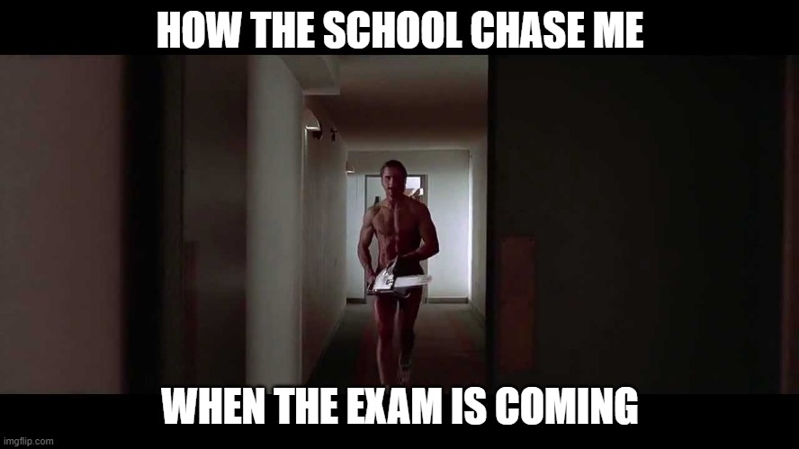 School life | HOW THE SCHOOL CHASE ME; WHEN THE EXAM IS COMING | image tagged in psycho | made w/ Imgflip meme maker