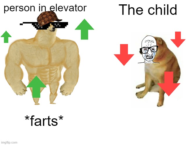 Person *farts* the child | person in elevator; The child; *farts* | image tagged in memes,buff doge vs cheems | made w/ Imgflip meme maker