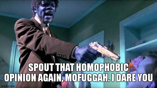 *Pow* | SPOUT THAT HOMOPHOBIC OPINION AGAIN, MOFUGGAH. I DARE YOU | image tagged in say what again | made w/ Imgflip meme maker