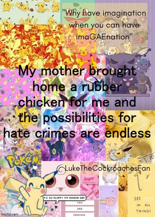 Pokemon Template ty Bread | My mother brought home a rubber chicken for me and the possibilities for hate crimes are endless | image tagged in pokemon template ty bread | made w/ Imgflip meme maker